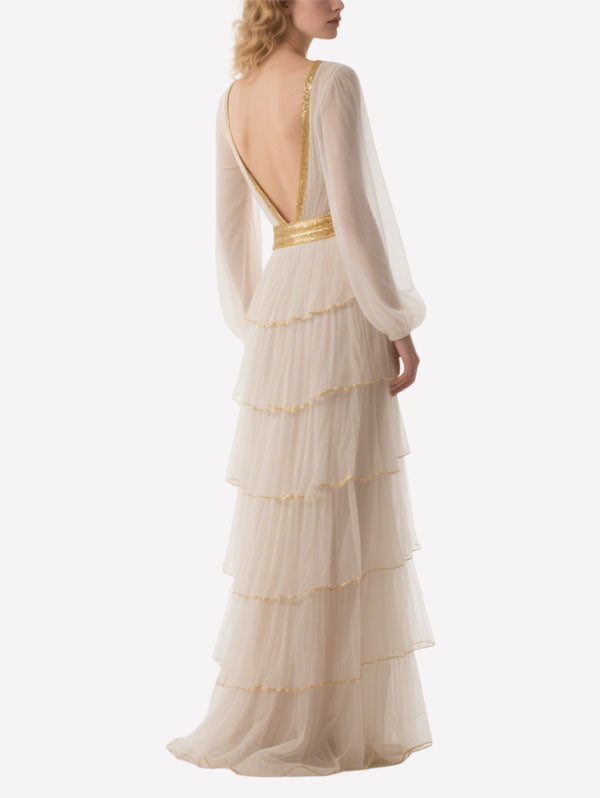 Cream Tulle Tiered Gown Gold Trimmed Formal Evening Dress