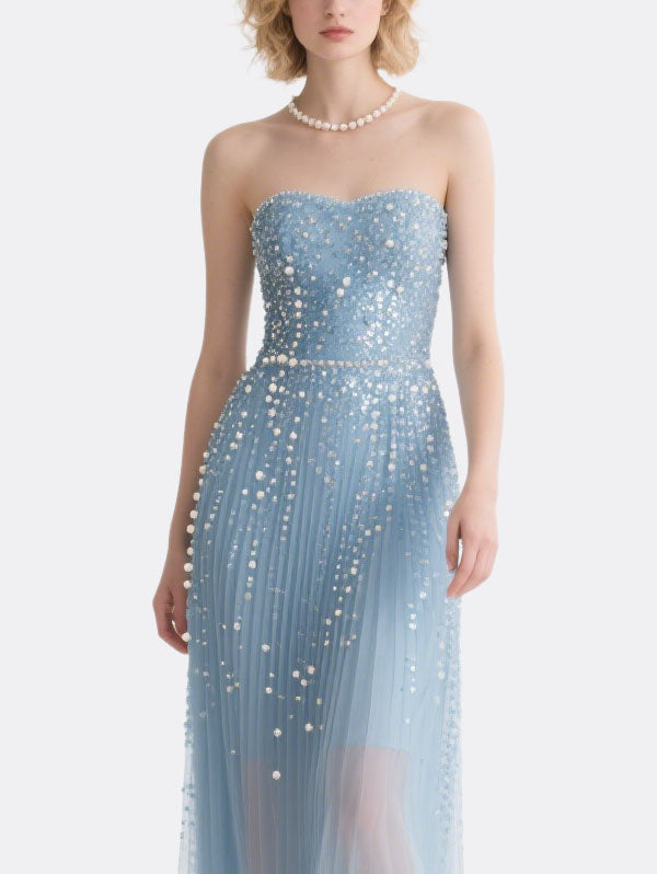 Light Blue Strapless Pearl Embellished Gown Formal Evening Dress