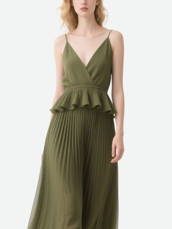 Olive Green Pleated Peplum Maxi Dress Sophisticated Women's Wear