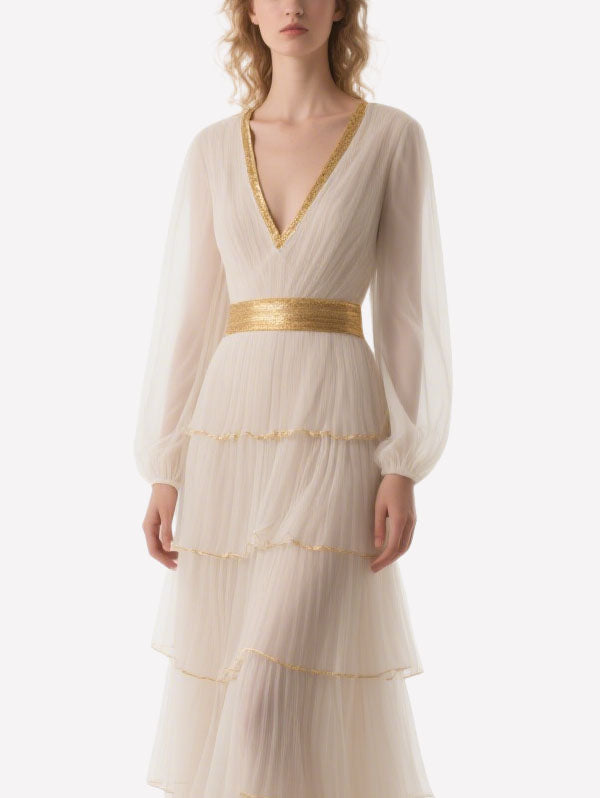 Cream Tulle Tiered Gown Gold Trimmed Formal Evening Dress