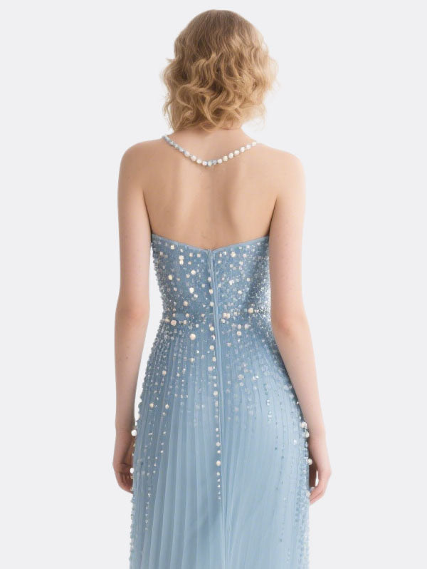 Light Blue Strapless Pearl Embellished Gown Formal Evening Dress