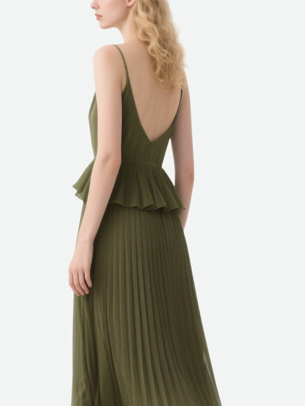 Olive Green Pleated Peplum Maxi Dress Sophisticated Women's Wear