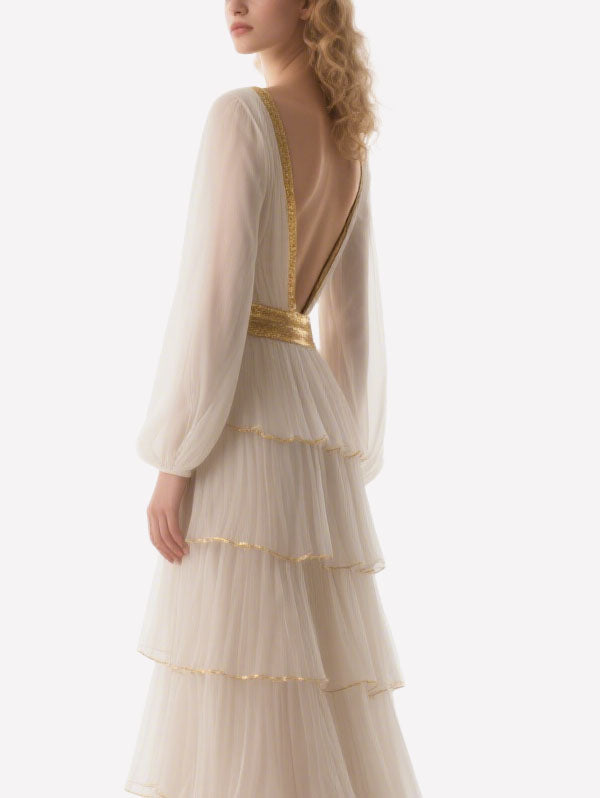 Cream Tulle Tiered Gown Gold Trimmed Formal Evening Dress