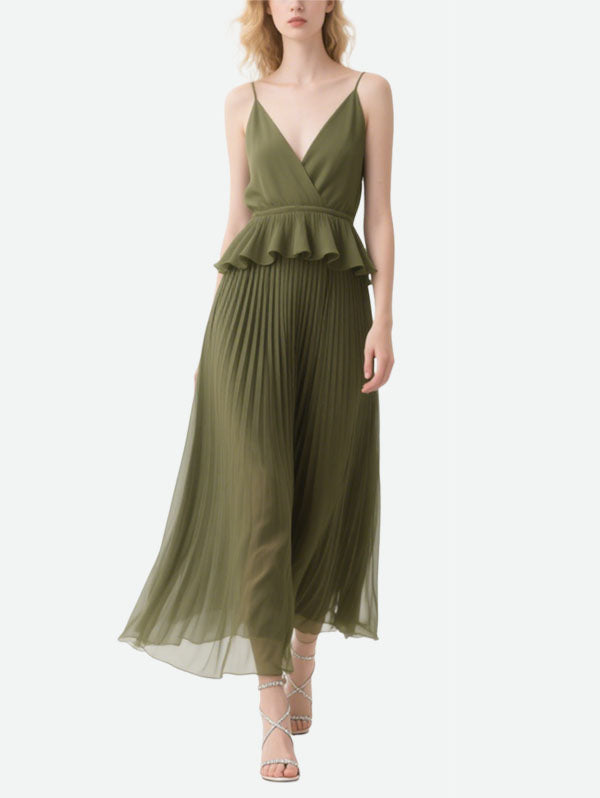 Olive Green Pleated Peplum Maxi Dress Sophisticated Women's Wear