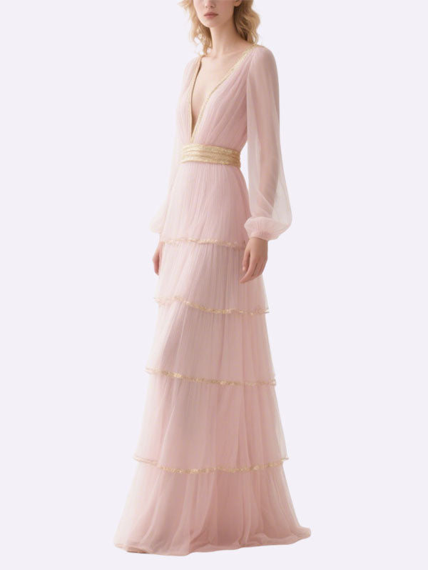 Pink Tulle Tiered Gown with Gold Belt Formal Evening Dress