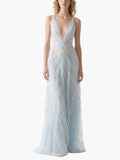 Light Blue Tulle Gown with Gold Sequins Plunging V-neck Formal Dress