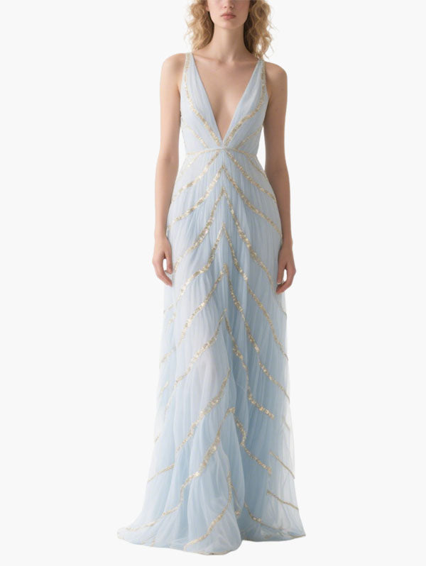 Light Blue Tulle Gown with Gold Sequins Plunging V-neck Formal Dress