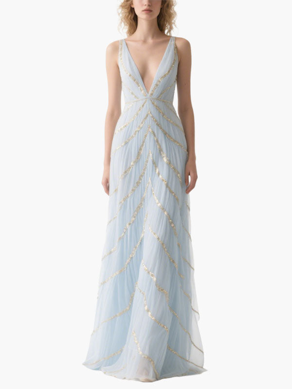 Light Blue Tulle Gown with Gold Sequins Plunging V-neck Formal Dress