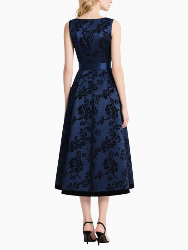 Navy Blue Floral Jacquard Midi Dress with Side Slit