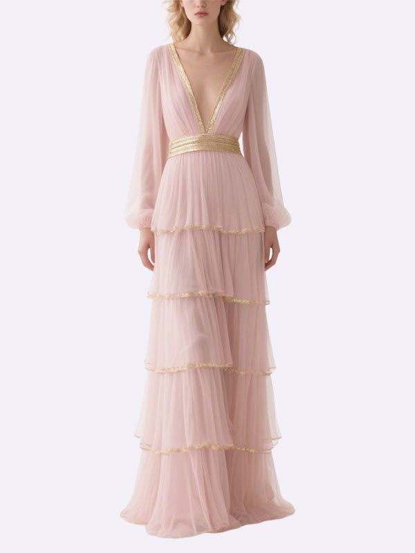 Pink Tulle Tiered Gown with Gold Belt Formal Evening Dress
