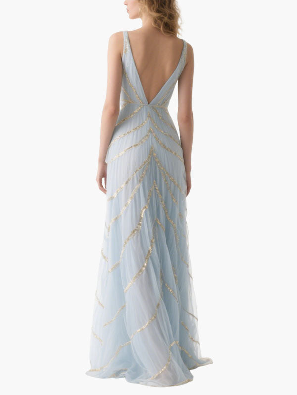 Light Blue Tulle Gown with Gold Sequins Plunging V-neck Formal Dress