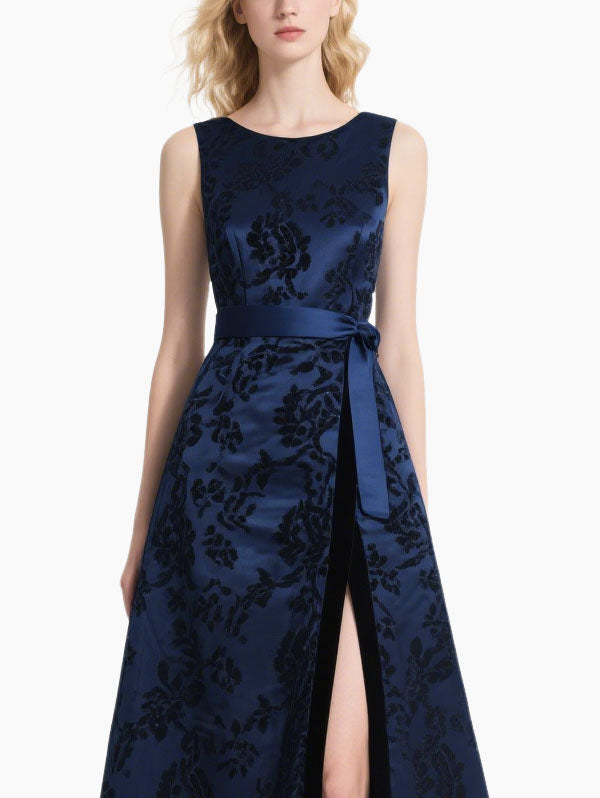 Navy Blue Floral Jacquard Midi Dress with Side Slit