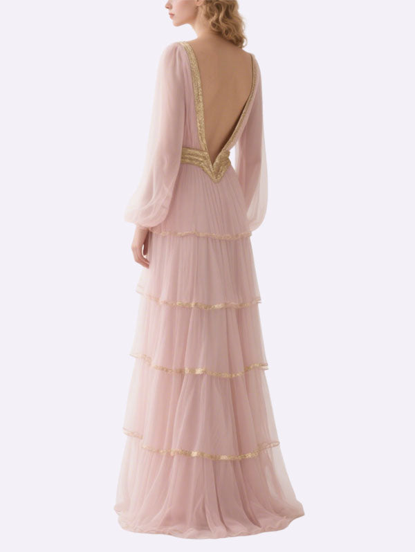Pink Tulle Tiered Gown with Gold Belt Formal Evening Dress