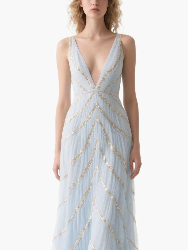 Light Blue Tulle Gown with Gold Sequins Plunging V-neck Formal Dress