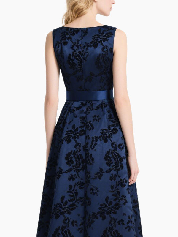 Navy Blue Floral Jacquard Midi Dress with Side Slit