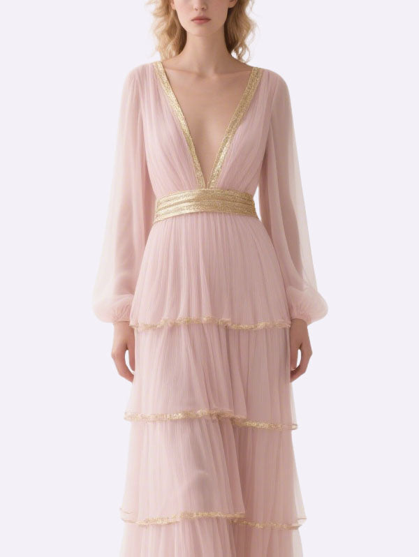 Pink Tulle Tiered Gown with Gold Belt Formal Evening Dress
