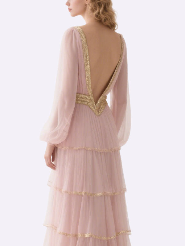 Pink Tulle Tiered Gown with Gold Belt Formal Evening Dress