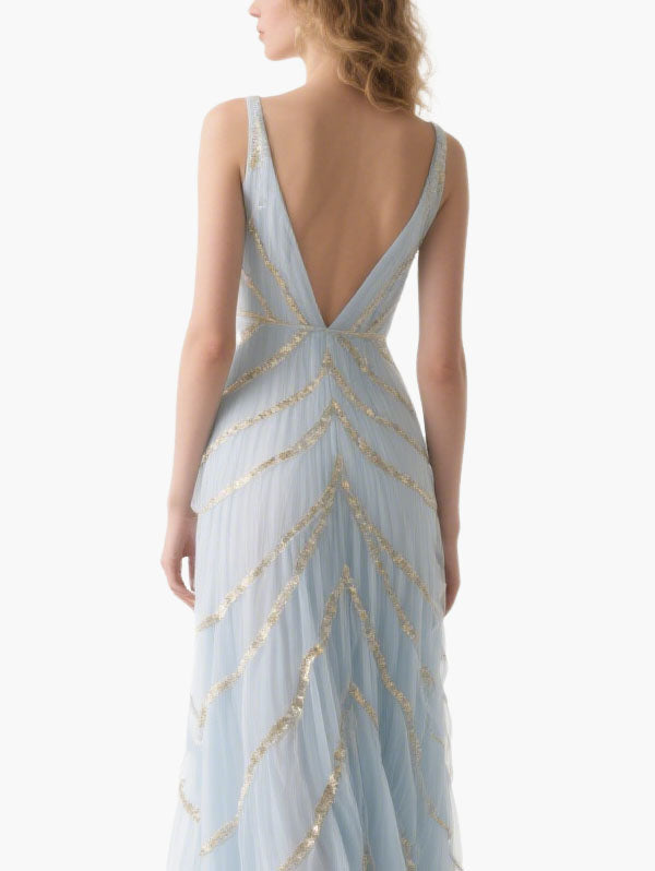 Light Blue Tulle Gown with Gold Sequins Plunging V-neck Formal Dress