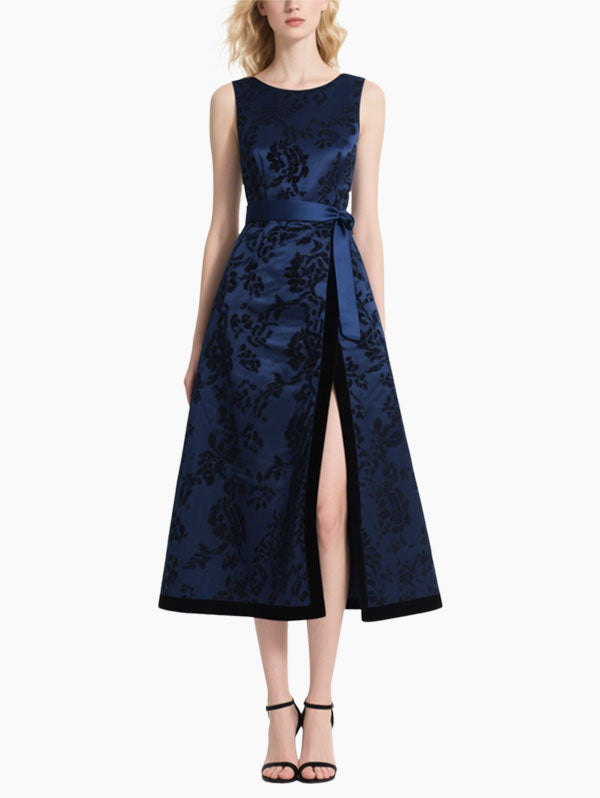 Navy Blue Floral Jacquard Midi Dress with Side Slit