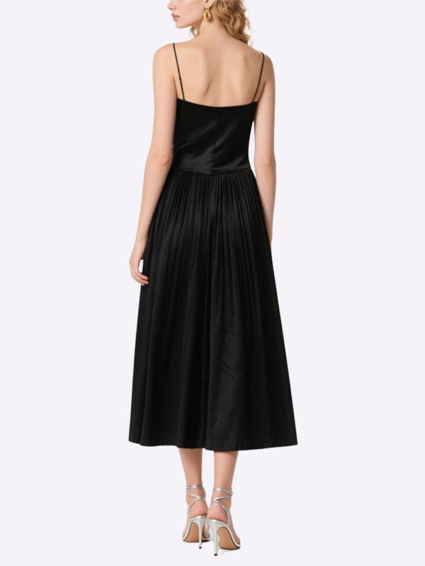 Black Satin Pleated Midi Dress Timeless Stylish