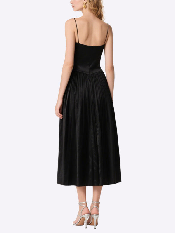 Black Satin Pleated Midi Dress Timeless Stylish