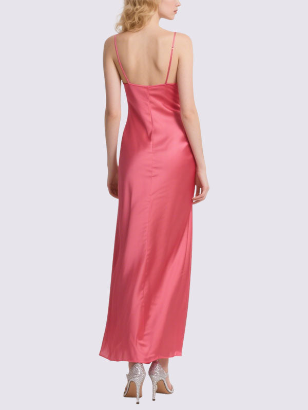 Pink Satin Slip Dress with Slit Formal Evening Gown