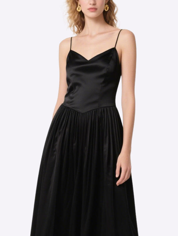 Black Satin Pleated Midi Dress Timeless Stylish