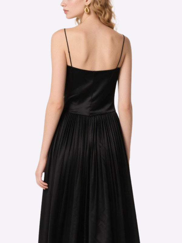 Black Satin Pleated Midi Dress Timeless Stylish