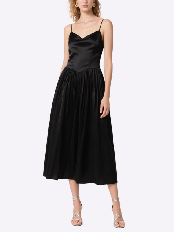 Black Satin Pleated Midi Dress Timeless Stylish