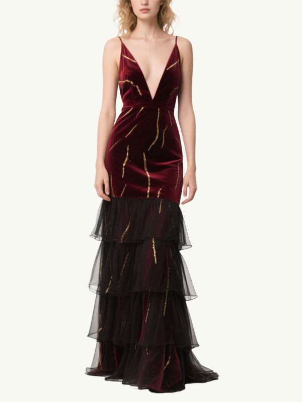 Burgundy Velvet Tiered Gown Plunging V-neck Formal Dress