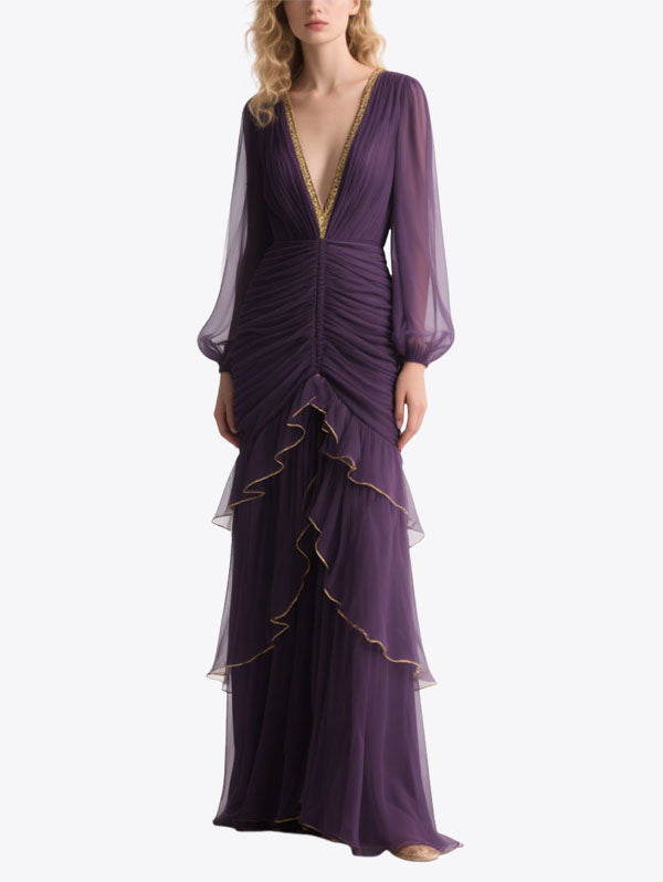 Purple Chiffon Ruffled Maxi Dress Gold Trim V-neck Evening Wear