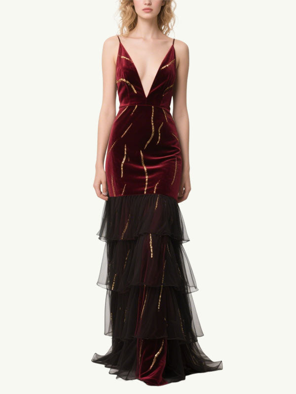 Burgundy Velvet Tiered Gown Plunging V-neck Formal Dress