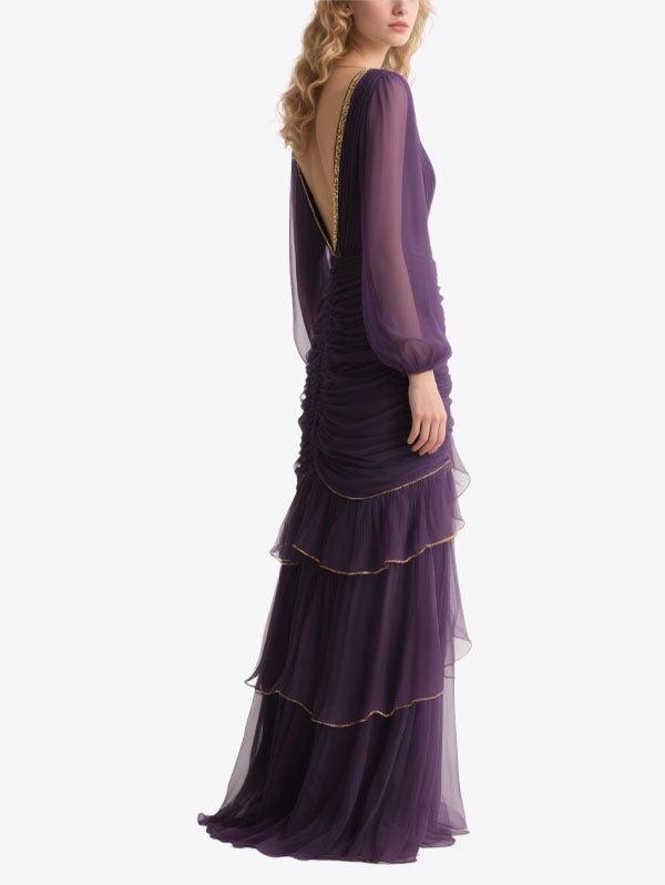 Purple Chiffon Ruffled Maxi Dress Gold Trim V-neck Evening Wear