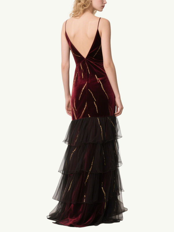 Burgundy Velvet Tiered Gown Plunging V-neck Formal Dress