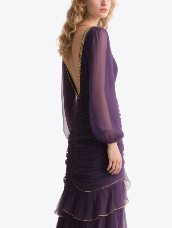 Purple Chiffon Ruffled Maxi Dress Gold Trim V-neck Evening Wear
