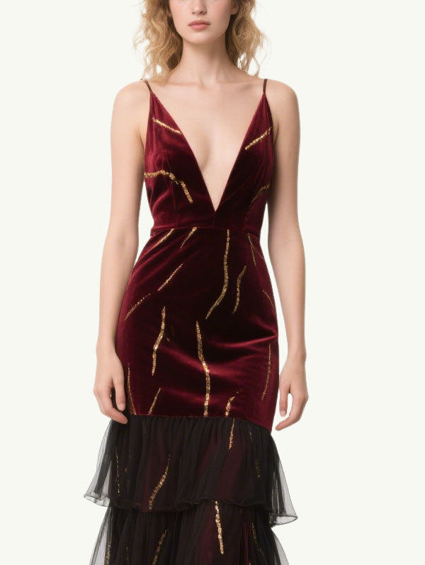 Burgundy Velvet Tiered Gown Plunging V-neck Formal Dress