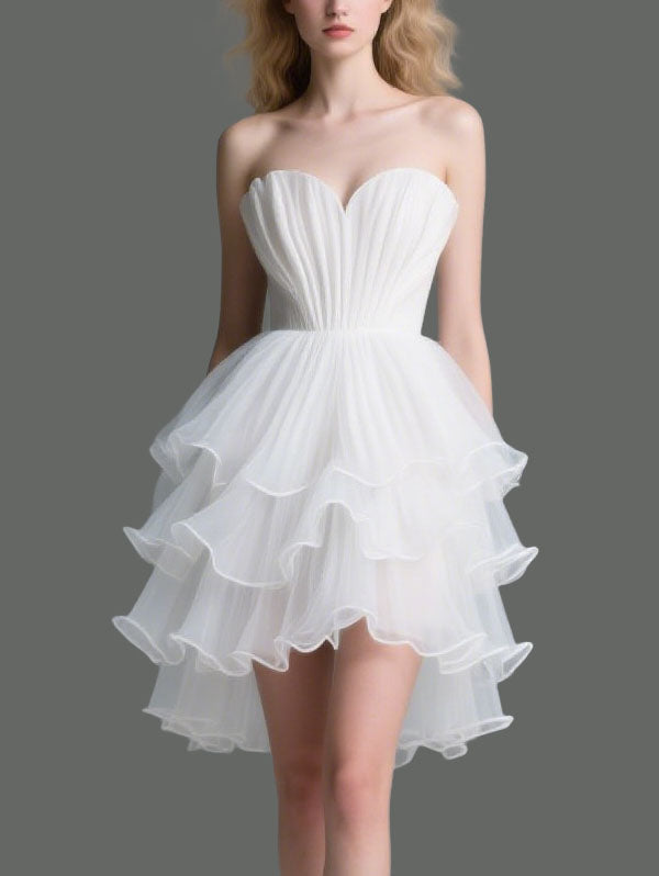 White Strapless Tulle High Low Cocktail Dress