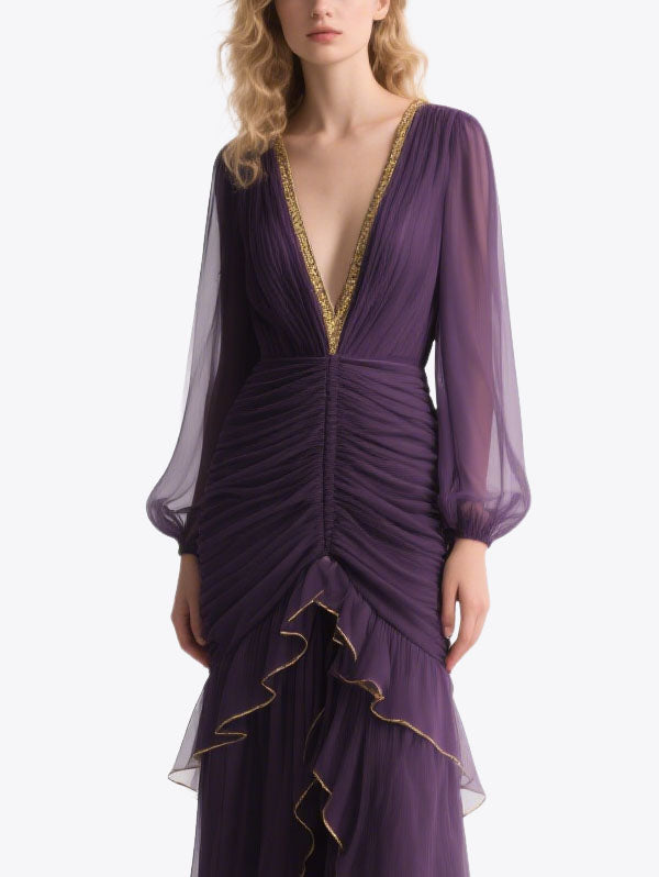 Purple Chiffon Ruffled Maxi Dress Gold Trim V-neck Evening Wear