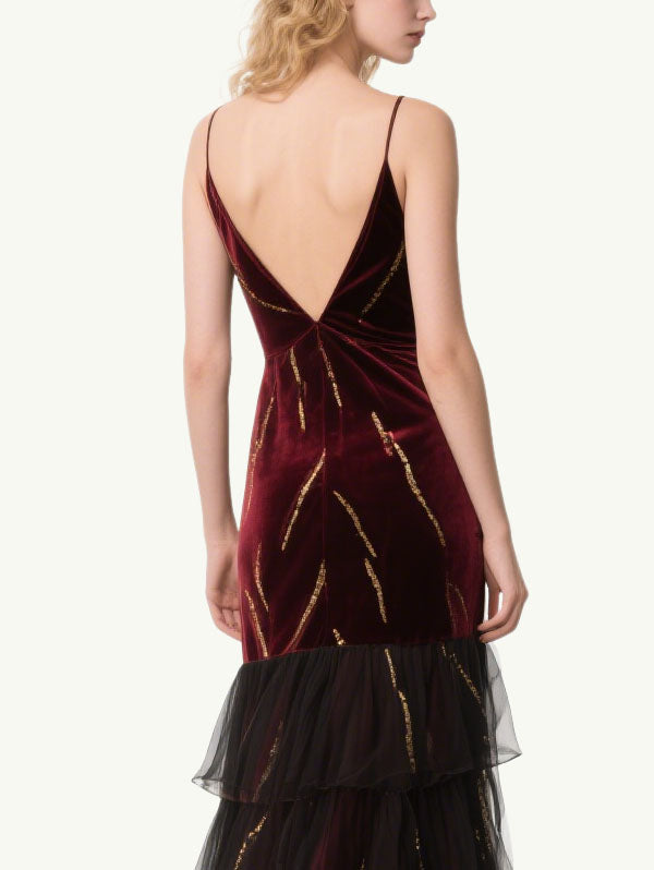 Burgundy Velvet Tiered Gown Plunging V-neck Formal Dress