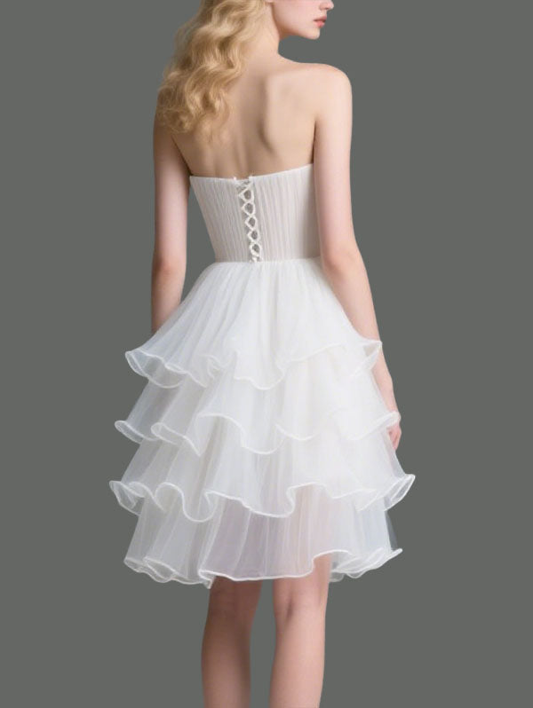 White Strapless Tulle High Low Cocktail Dress