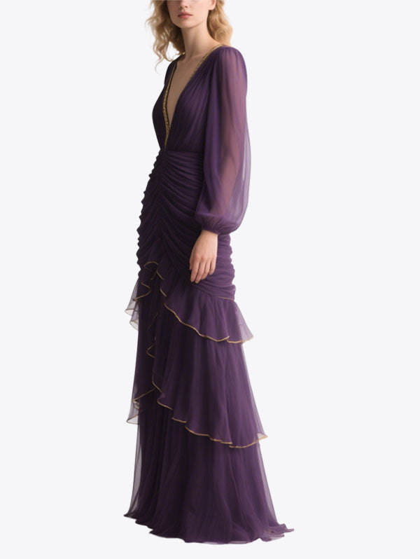 Purple Chiffon Ruffled Maxi Dress Gold Trim V-neck Evening Wear