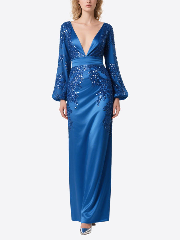 Blue Satin Sequin Gown Bell Sleeve Deep V Evening Dress