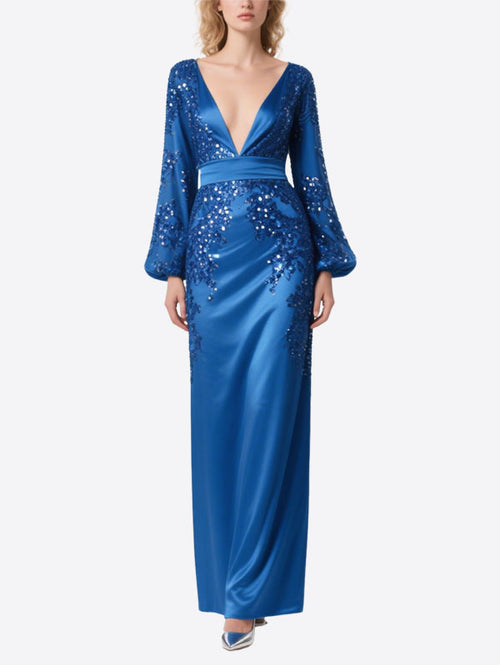 Blue Satin Sequin Gown Bell Sleeve Deep V Evening Dress