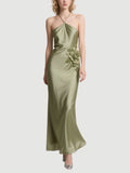 Olive Green Halter Satin Gown with Floral Detail Formal Evening Dress