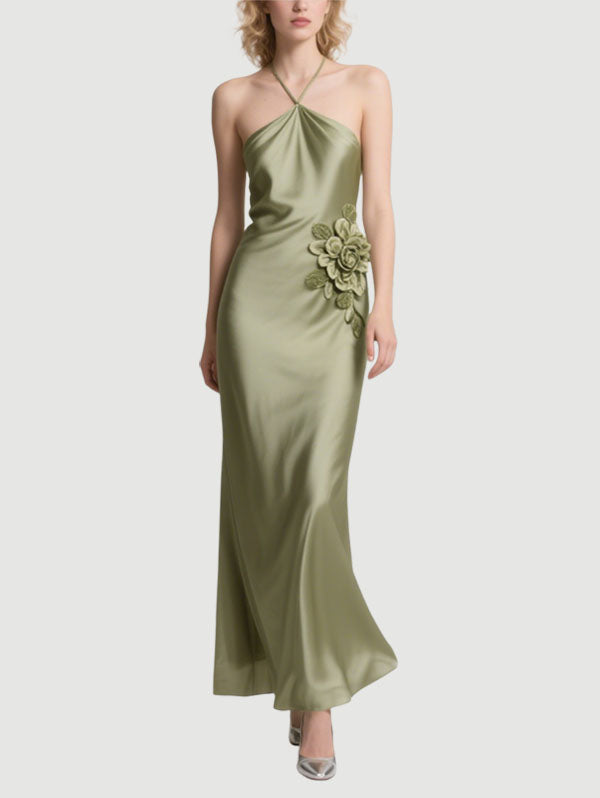 Olive Green Halter Satin Gown with Floral Detail Formal Evening Dress