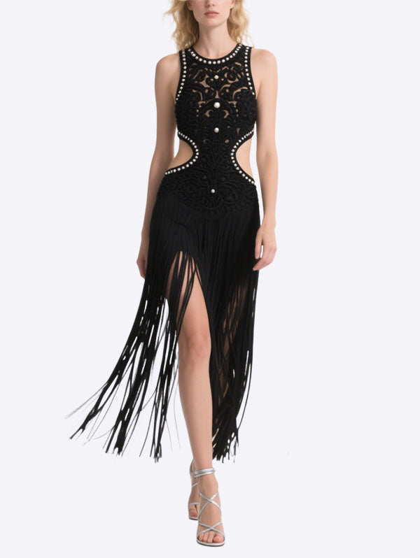 Black Fringe Cut Out Embroidered Dress