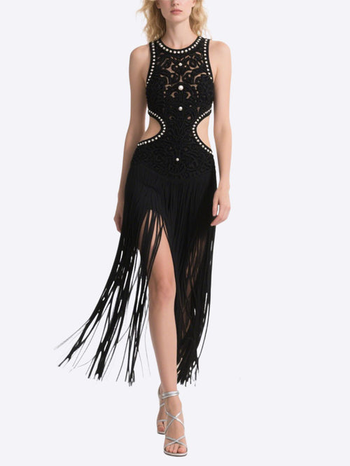 Black Fringe Cut Out Embroidered Dress
