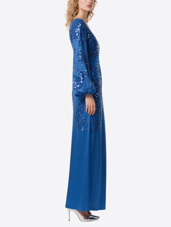 Blue Satin Sequin Gown Bell Sleeve Deep V Evening Dress