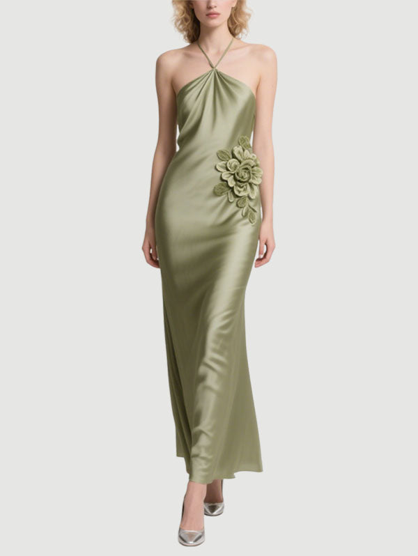 Olive Green Halter Satin Gown with Floral Detail Formal Evening Dress