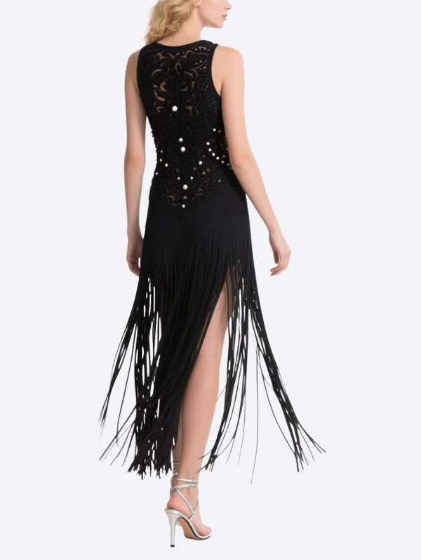Black Fringe Cut Out Embroidered Dress